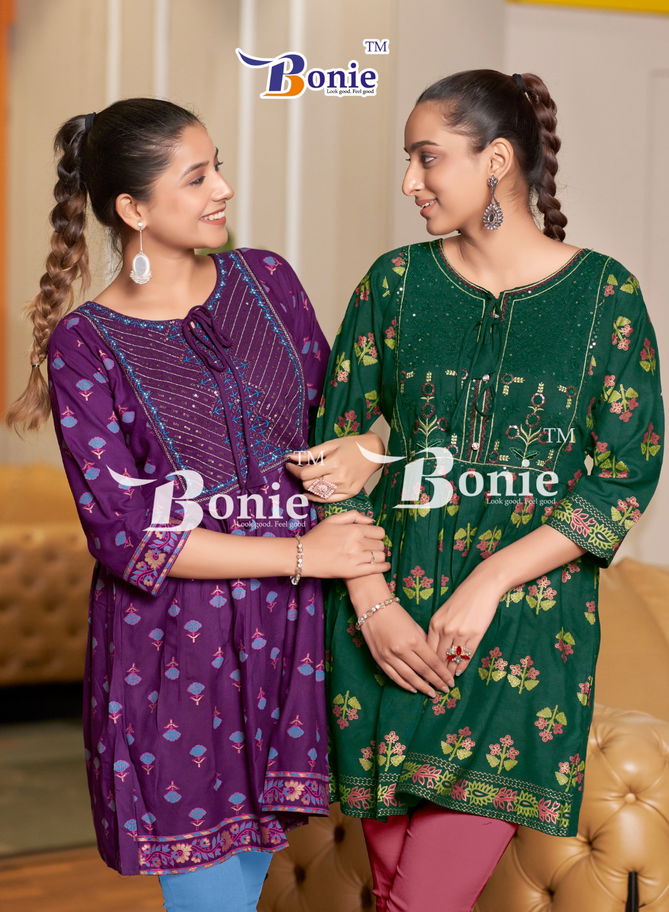 Nikki By Bonie Rayon Printed Short Kurtis Wholesale Price In Surat